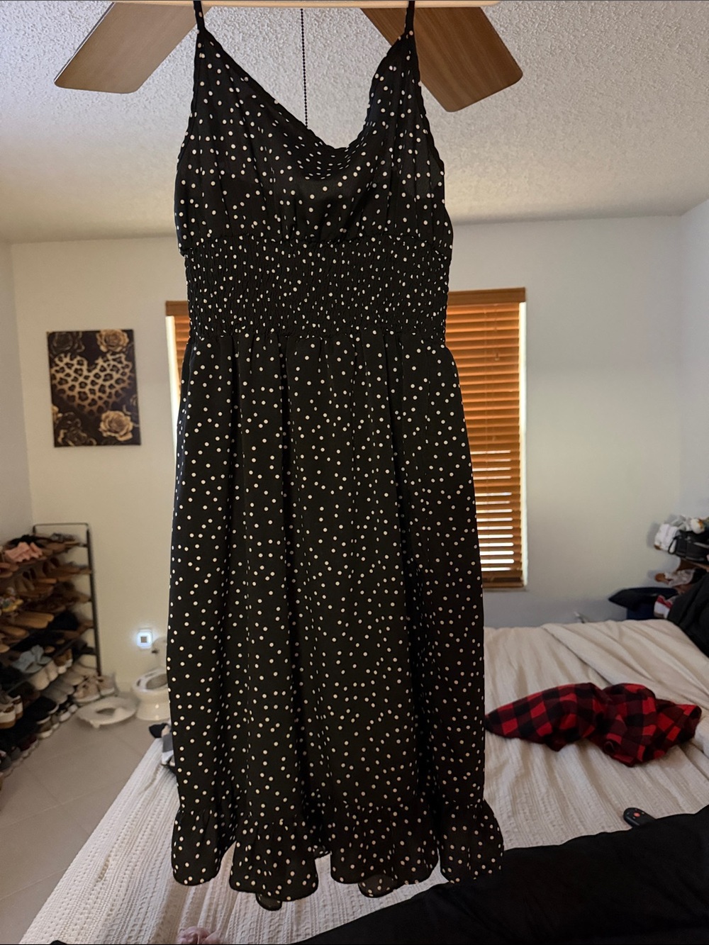 Black Polka Dot Midi Dress with Smocked Waist and Ruffle Hem
